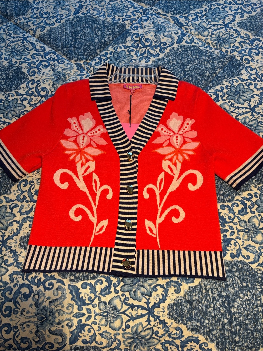 THML Bali Orange Floral Knit Button-Front Cardigan w/ Navy Stripe Trim NWT